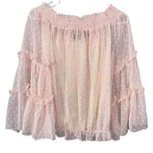 NWT Womens M Pink Swiss Dot Off Shoulder Ruffle Sleeve Coquette Romantic Top